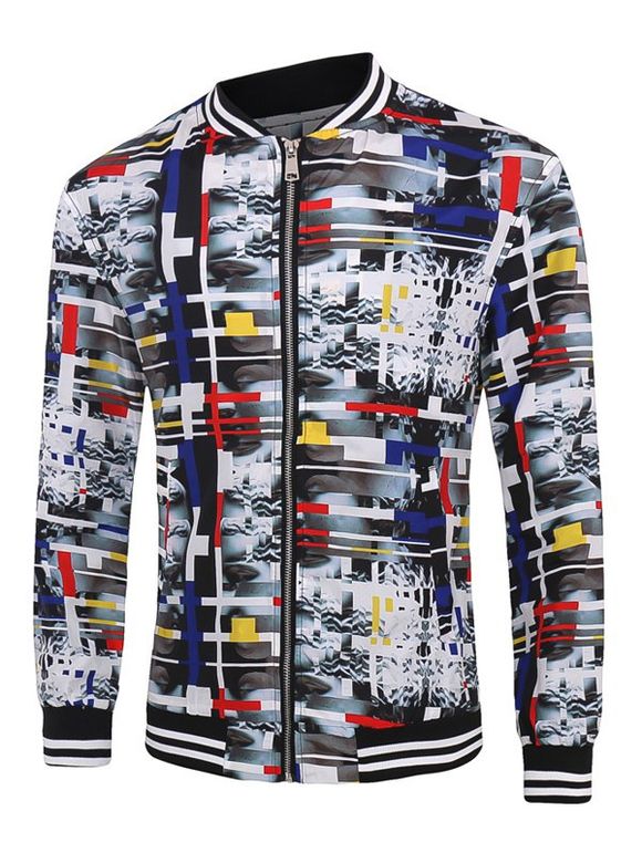 Face 3D Print Varsity Stripe Trim Zippered Men's Jacket - multicolore 3XL