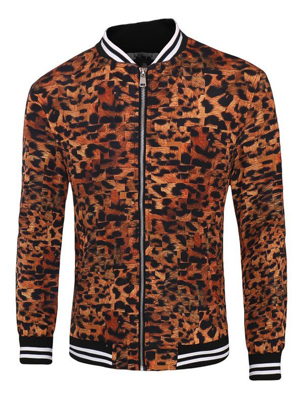 

Leopard Varsity Stripe Trim Zippered Men's Jacket