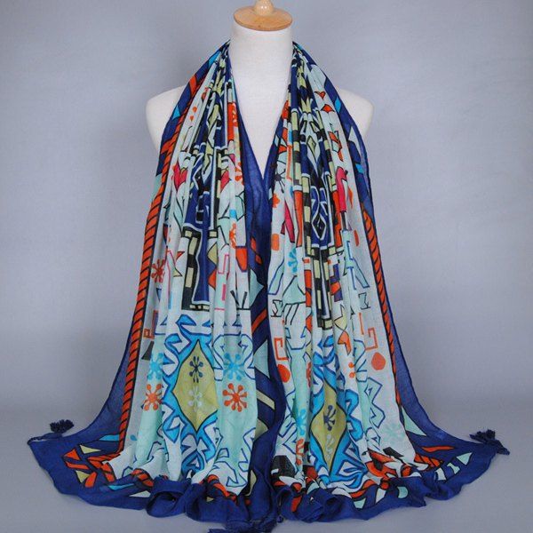 

Chic Indian Style Geometry Pattern Tassel Pendant Women's Voile Scarf, Blue