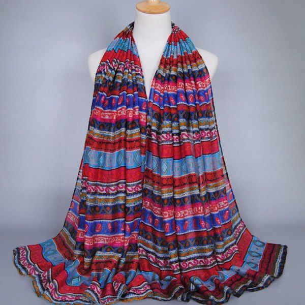 

Chic Bohemian Style Geometry Pattern Women's Voile Scarf, Wine red