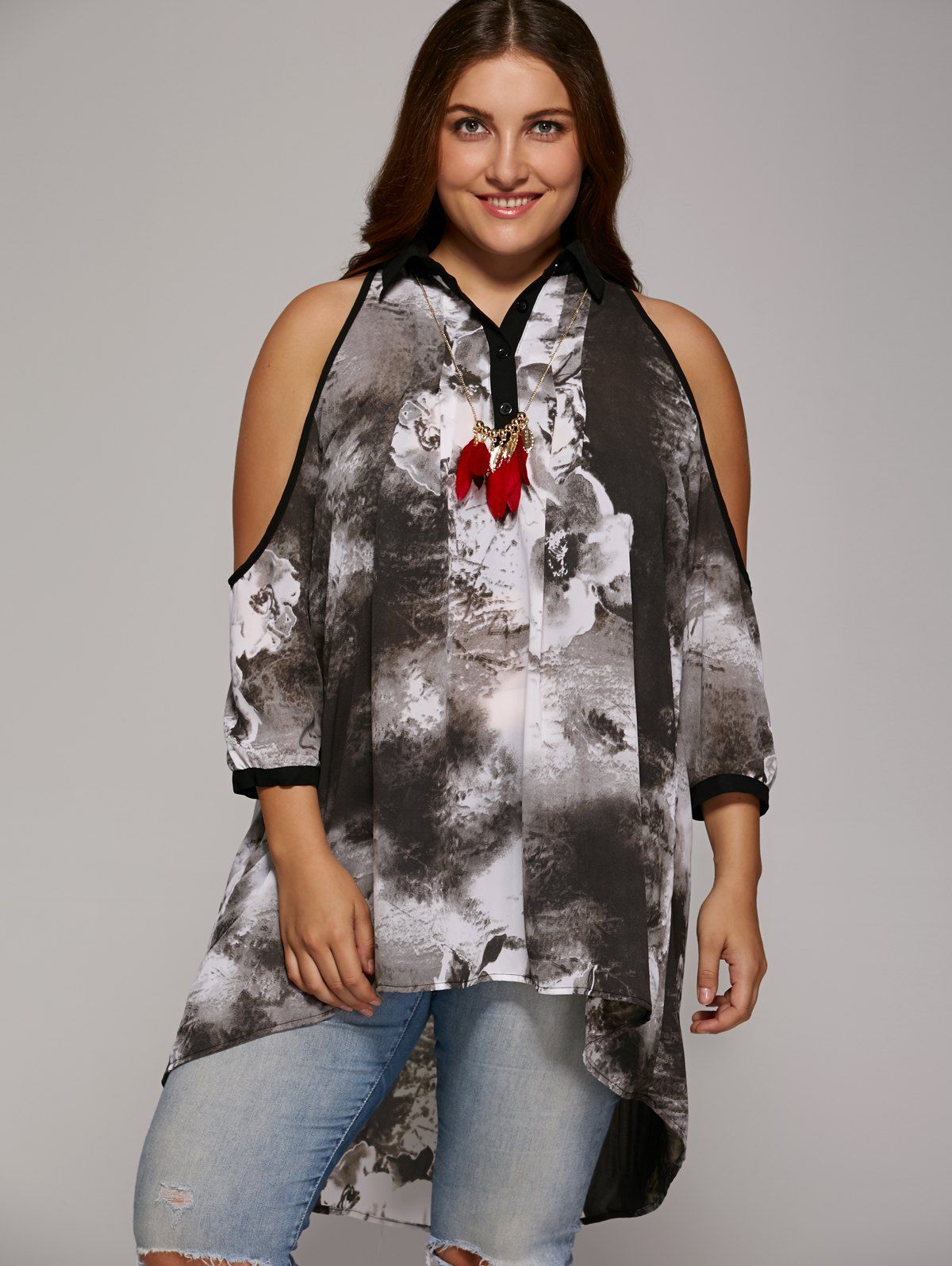 

Plus Size Cold Shoulder Ink Painting Blouse, Gray