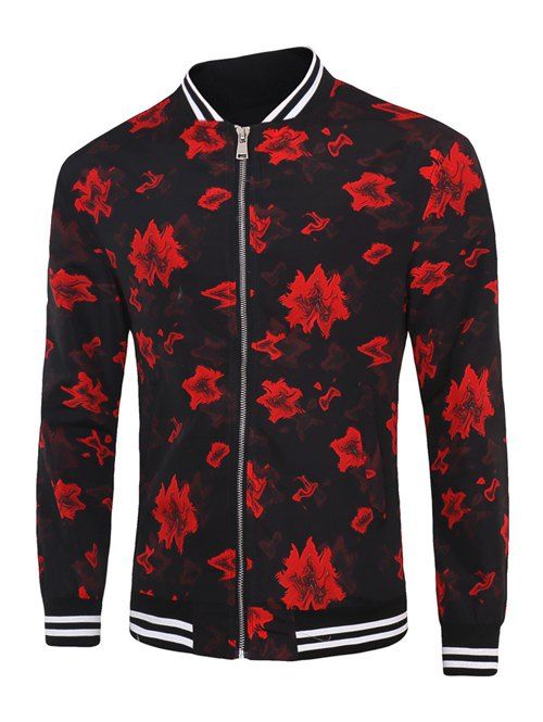 Varsity Stripe Garniture rouge imprimé floral Zippered Men  's Jacket - Rouge 3XL