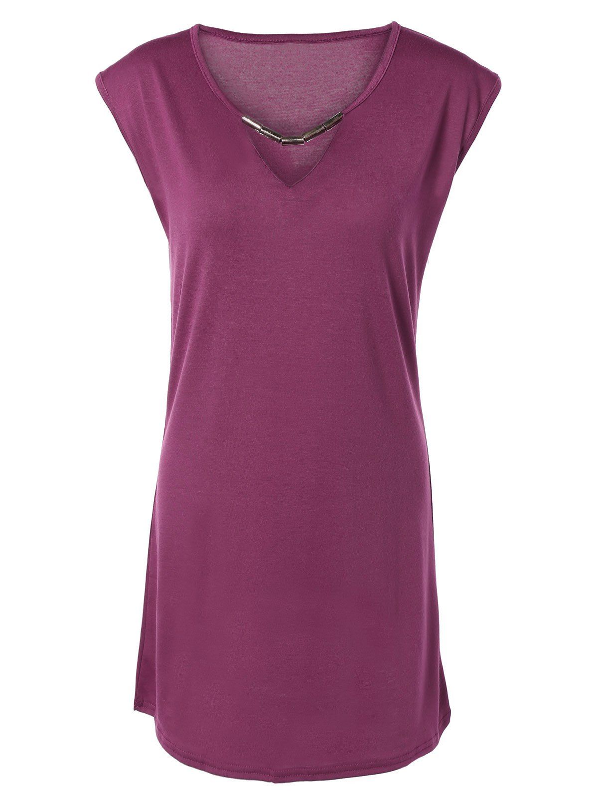 

Stylish Women's Scoop Neck Short Sleeve Hollow Out Dress, Purplish red