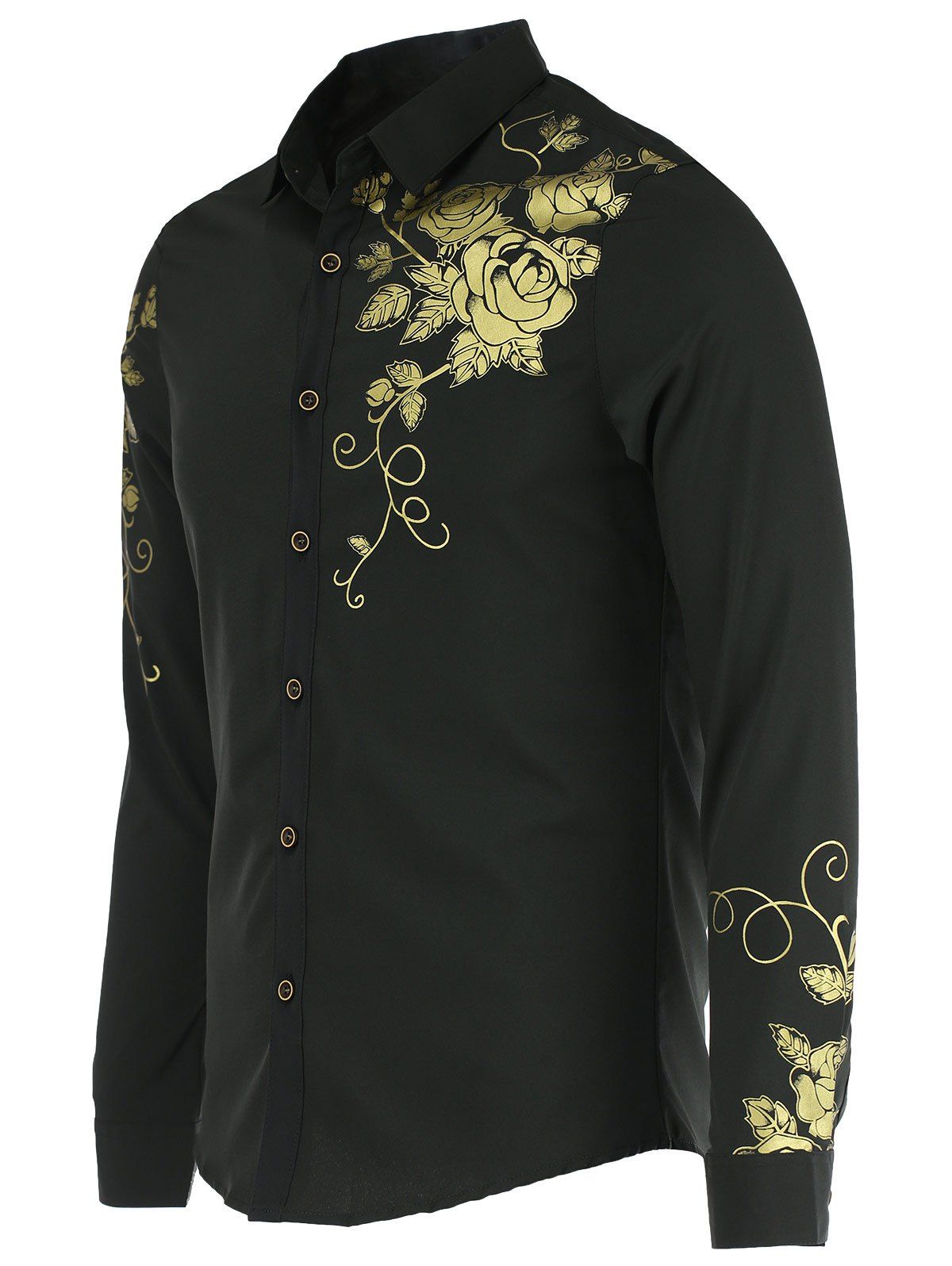 

Roses Print Turn-Down Collar Long Sleeve Men's Shirt, Black
