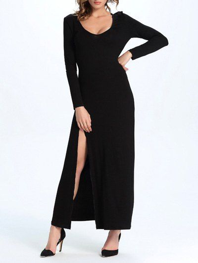 

Elegant Slit Pure Color Dress For Women, Black