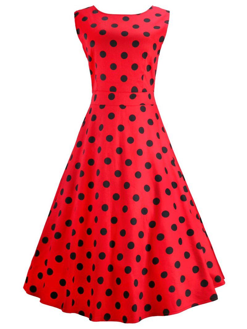 [41% OFF] 2021 Vintage Sleeveless Polka Dot Midi Dress In RED | DressLily