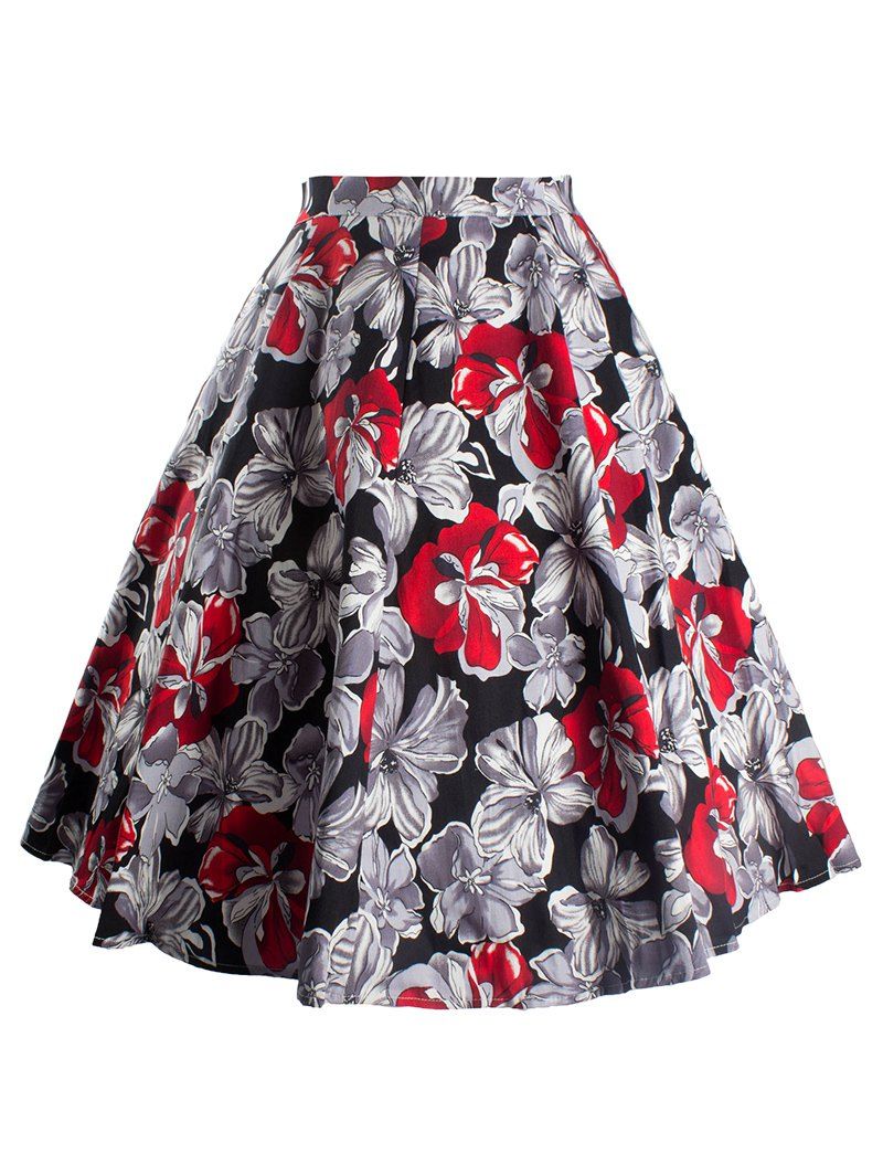 

Vintage Floral Printed Skater Skirt, Red