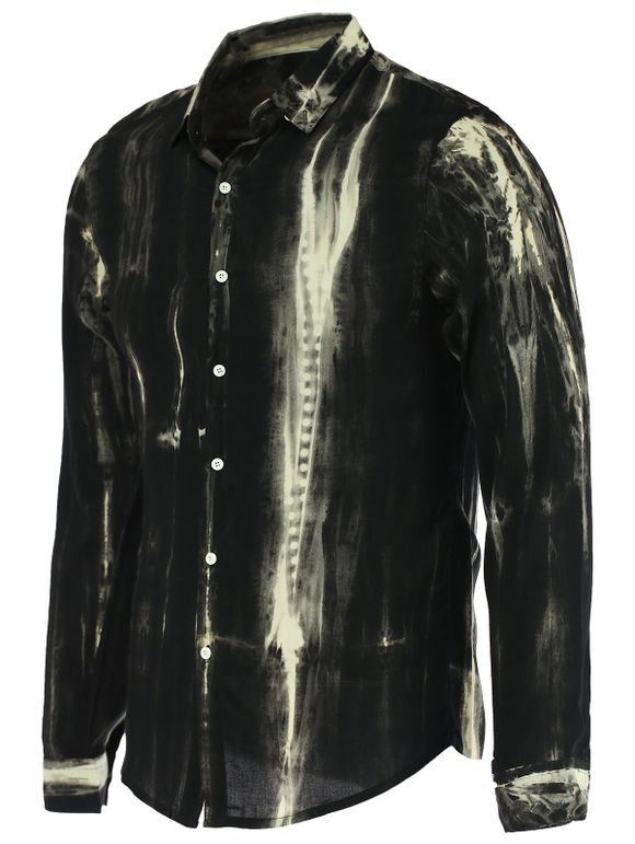 Aquarelle Stripe Imprimer pied de col chemise manches longues pour les hommes - Blanc et Noir 2XL