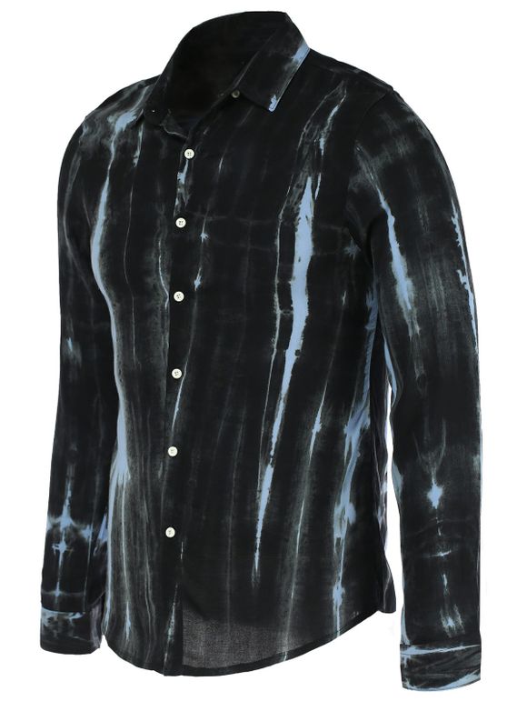 Aquarelle Stripe Imprimer pied de col chemise manches longues pour les hommes - Bleu et Noir XL