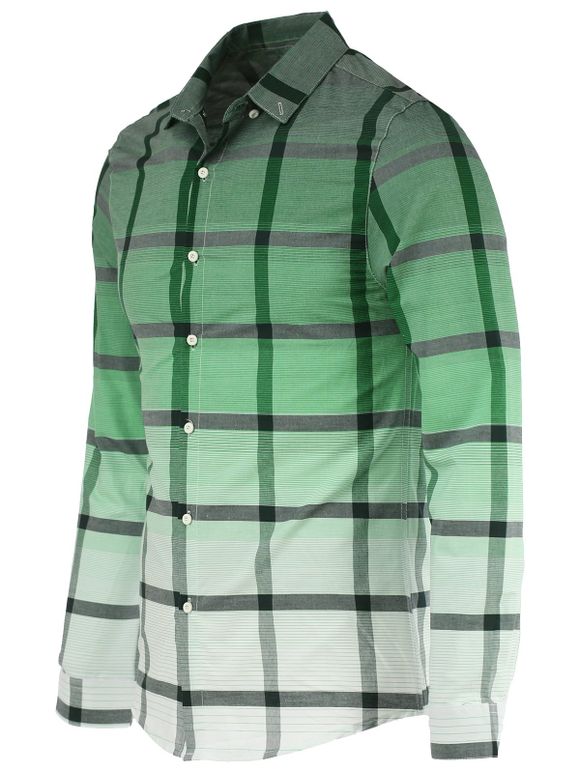 Mode dégradé de couleur pied de col à manches longues Chemise à carreaux pour les hommes - Vert 2XL