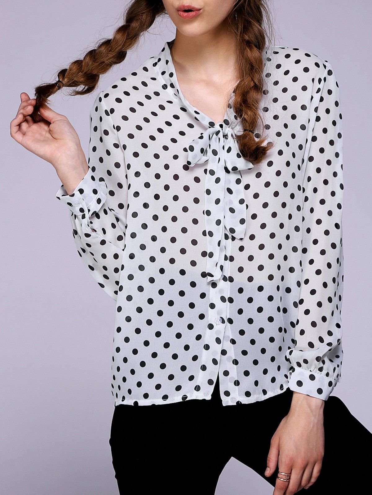 

Chic Bow Tie Collar Long Sleeve Polka Dot Women's Blouse, White and black