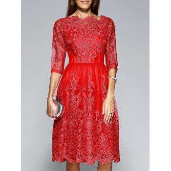 

Ornate Laciness Mesh Dress For Women, Red