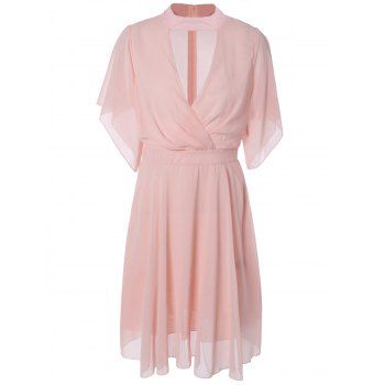 dress petal pleated sleeve chiffon knee length pastel plunging neck pink dresses xl