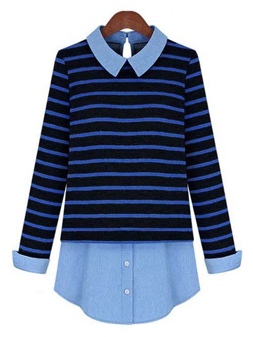 

Stylish Striped Patchwork Shirt For Women, Blue and black