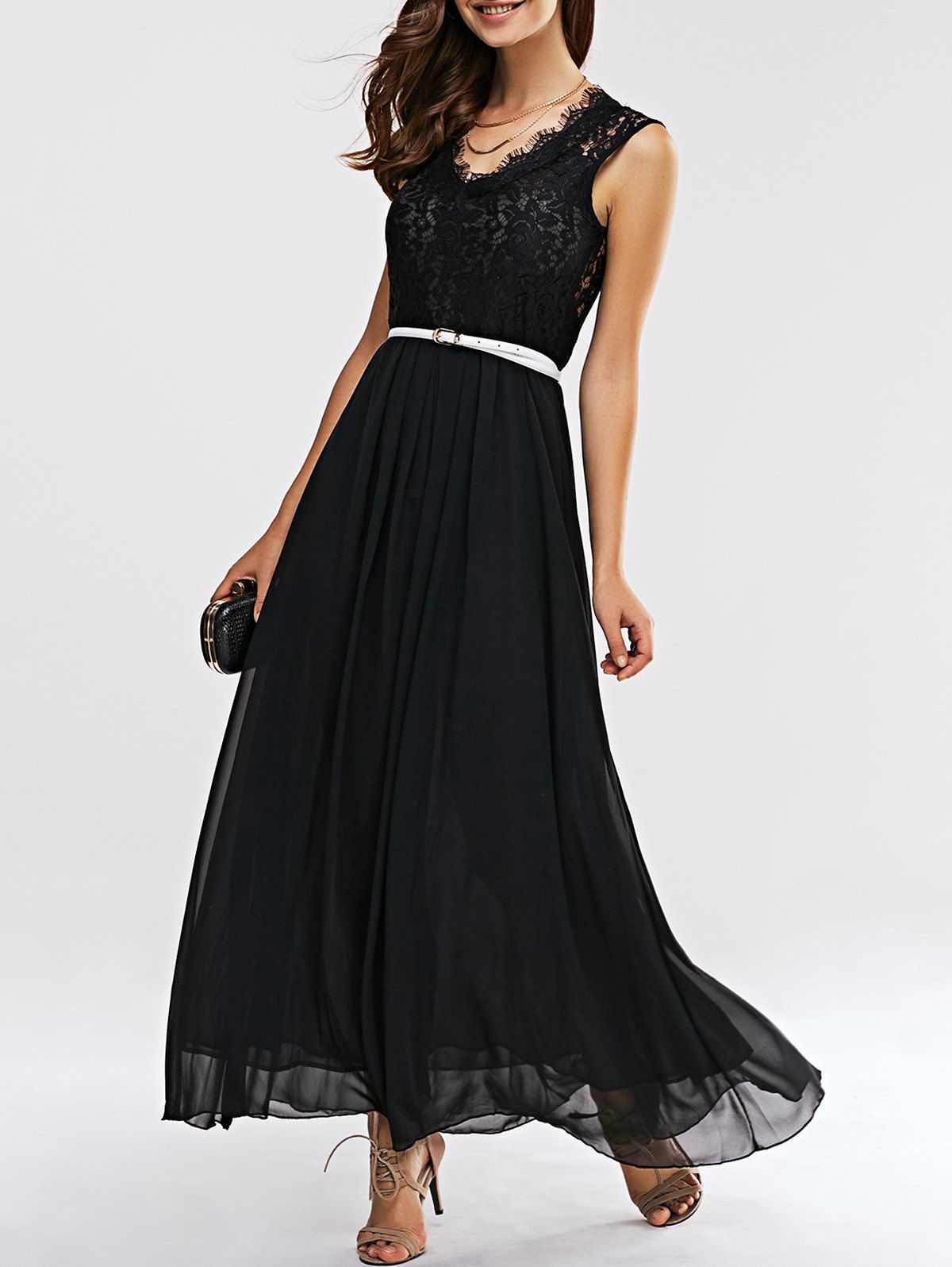 

Attractive Women's Lace Spliced Open Work Chiffon Dress, Black