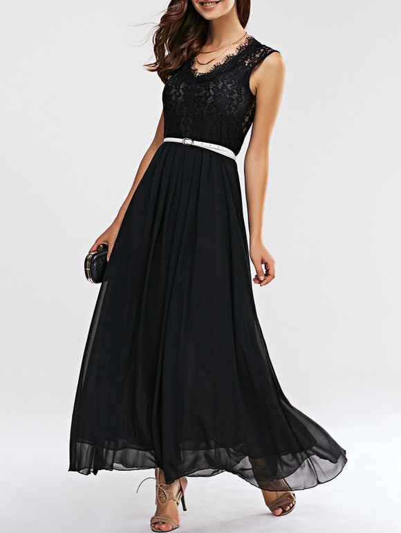 Attractive Women's Lace Spliced Open Work Chiffon Dress - BLACK S