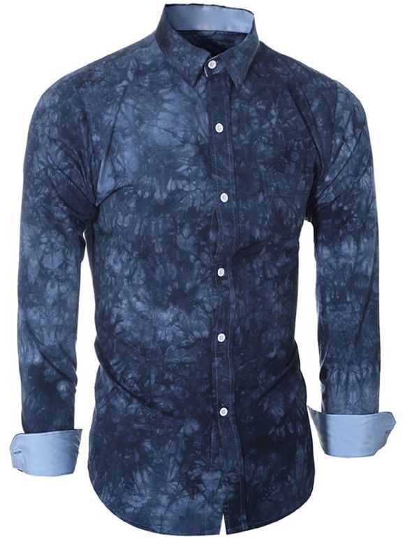 Chemise Tie-Dye Ethnique à Manches Longues à Col Rabattu pour Homme - Bleu profond 2XL