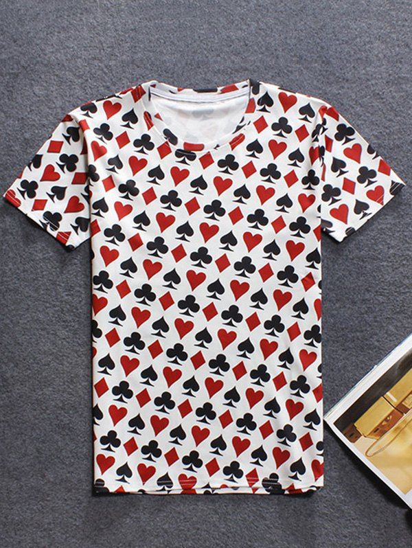 

Round Neck 3D Poker Printed Short Sleeve Men's T-Shirt, White