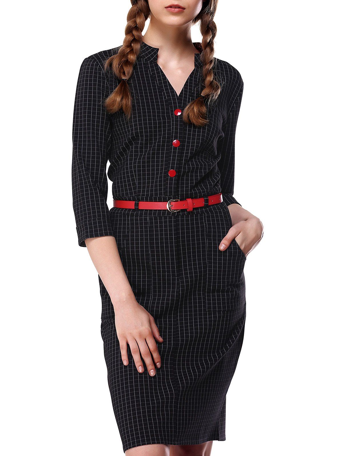 

OL 3/4 Sleeve Plaid Bodycon Dress For Women, Black