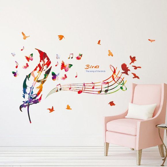 Autocollant Mural Amovible Imperméable à Motif Plume Oiseaux et Notes Musicales - multicolore 