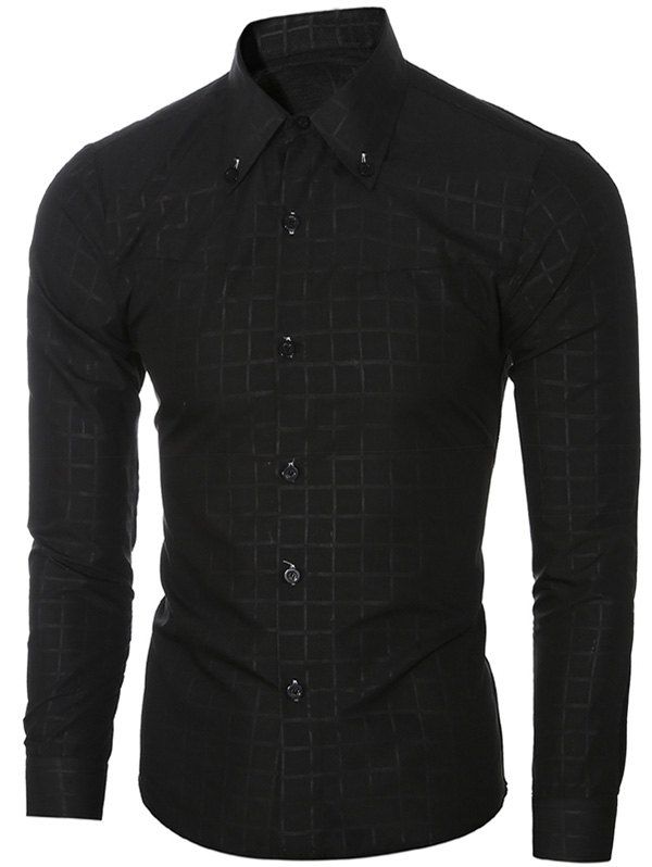 

Trendy Dark Plaid Turn-Down Collar Long Sleeves Shirt For Men, Black