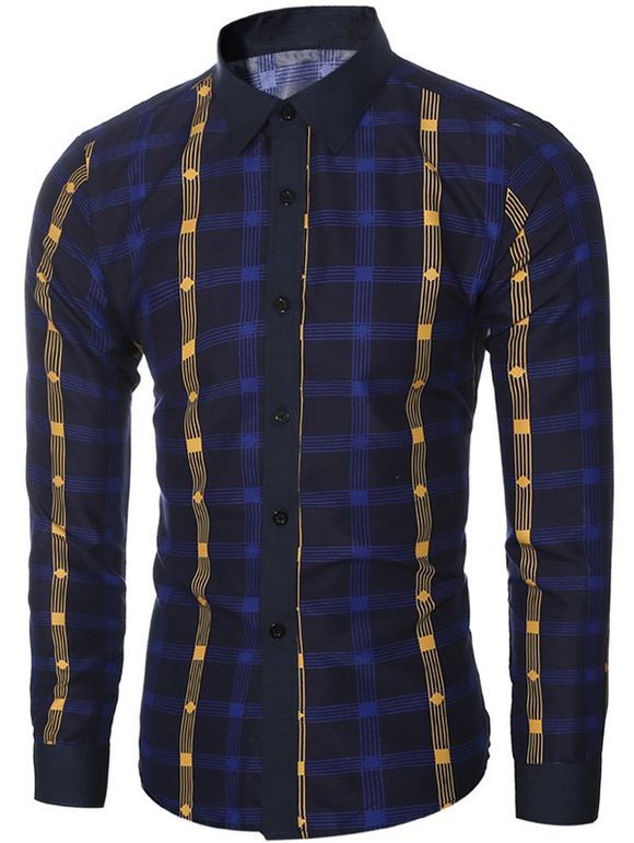 Élégant chemise à carreaux à manches longues pour les hommes - Bleu profond 2XL