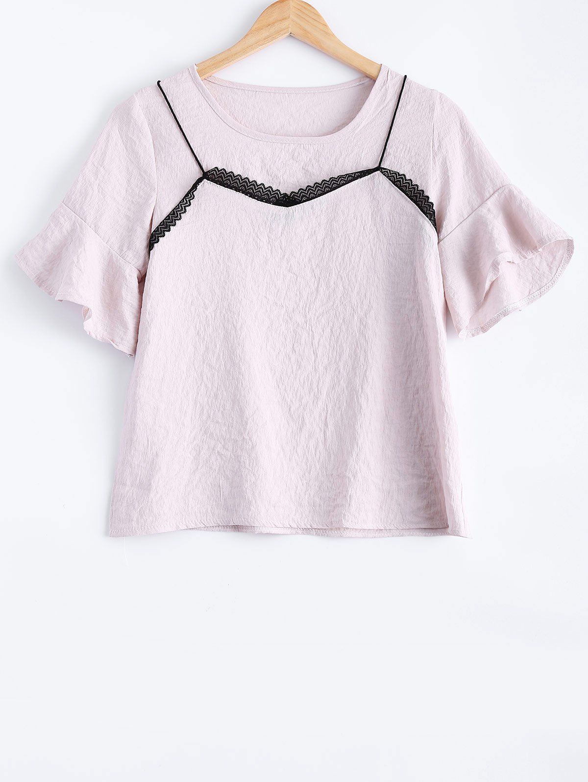 

False Two Piece Lace Spliced Blouse, Pink