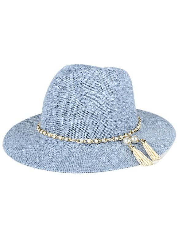 Chapeau d'Eté à Chaîne Elégant Anti-UV Décoré de Fausse Perle Pour Femmes - Bleu clair 