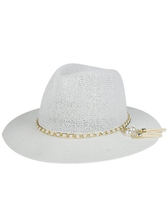 Chapeau d'Eté à Chaîne Elégant Anti-UV Décoré de Fausse Perle Pour Femmes - Blanc 