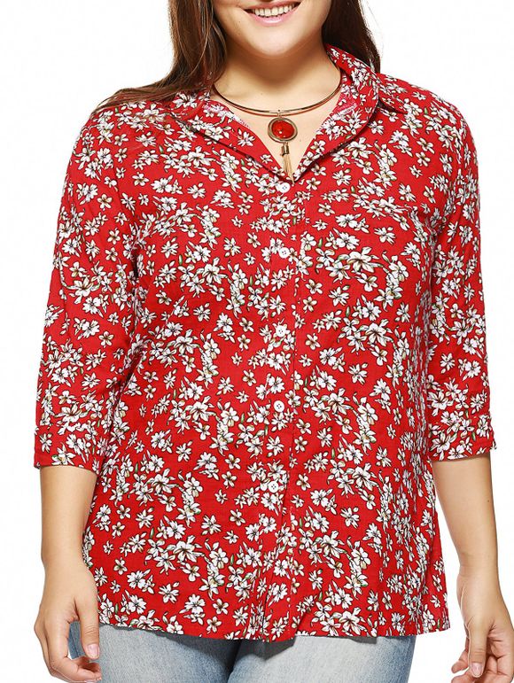 Surdimensionné Chic manches 3/4 minuscule imprimé floral shirt - Rouge 3XL
