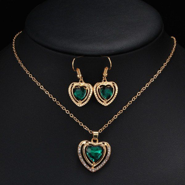 

Fake Amethyst Hollowed Heart Wedding Jewelry Set, Green