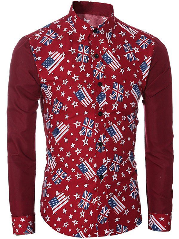 

Flags Print Turn-Down Collar Long Sleeves Shirt For Men, Red