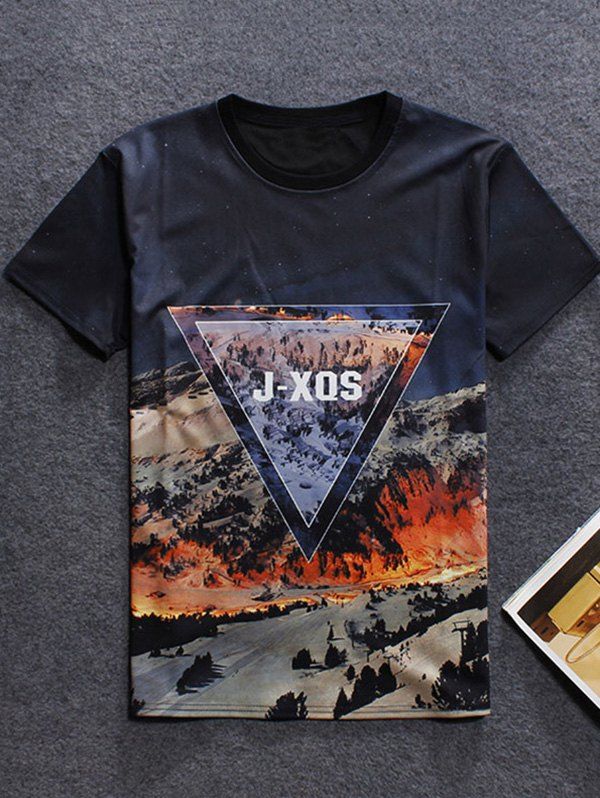 

3D Mountain Printed Round Neck Men's Short Sleeve T-Shirt, Black