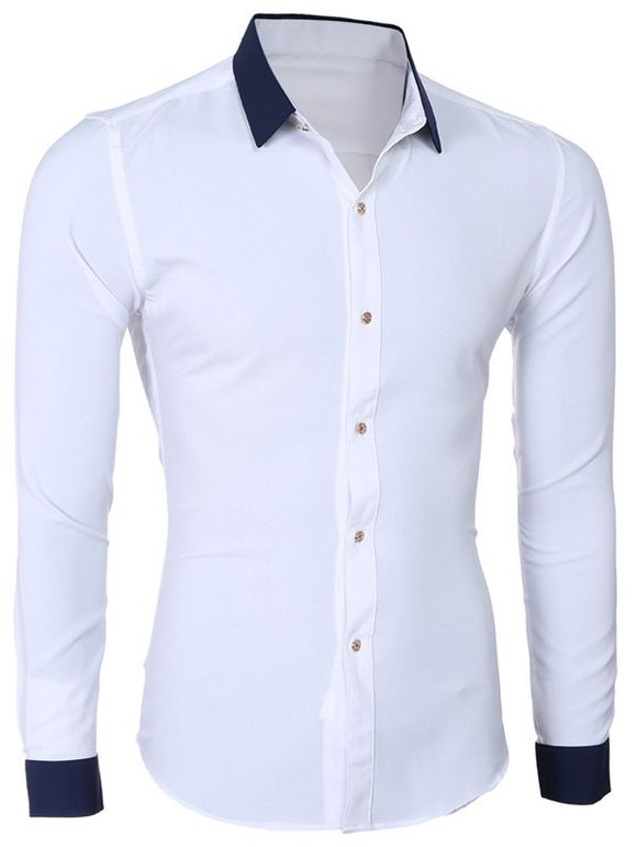 Mode Hit Couleur Turn-Down Collar manches longues T-shirt pour les hommes - Blanc 2XL