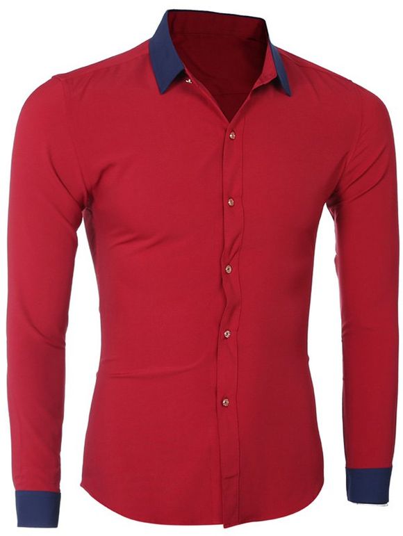 Mode Hit Couleur Turn-Down Collar manches longues T-shirt pour les hommes - Rouge L