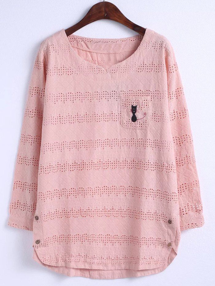 

Oversized Sweet Kitten Embroidery Hollow Out Blouse, Pink
