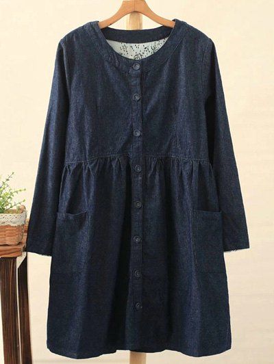 

Plus Size Single Breasted Long Sleeve Round Neck Denim Dress, Deep blue