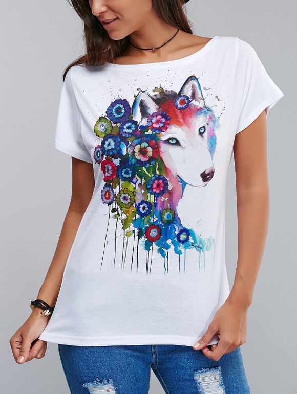 Fleur élégant et Motif Chien 3D T-shirt d'encre d'imprimerie - Blanc XL
