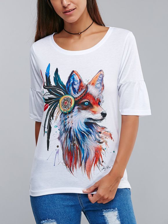 Élégant Motif Loup 3D T-shirt d'encre d'imprimerie - Blanc XL