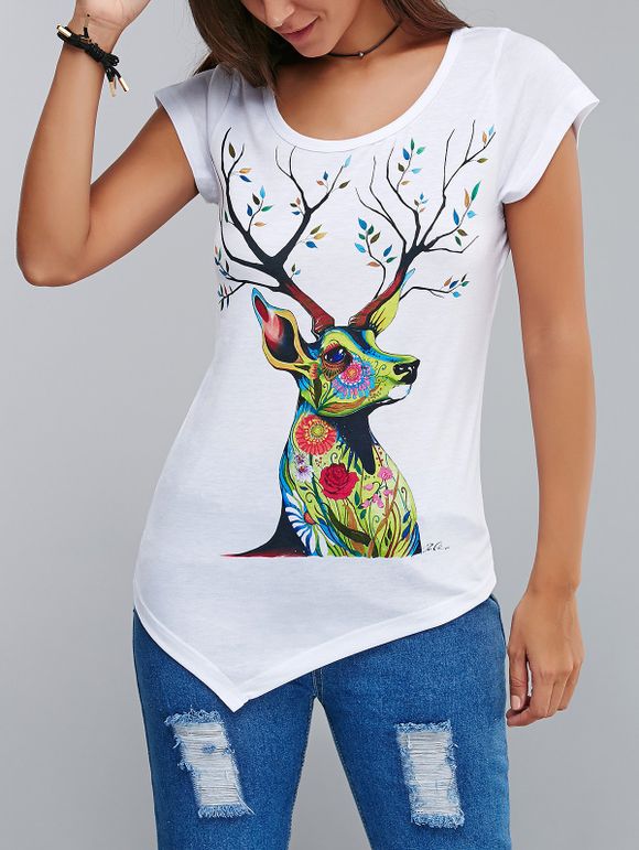 Modèle élégant Elk 3D T-shirt d'encre d'imprimerie Asymmetric - Blanc XL