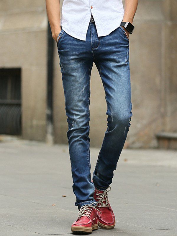

Striped Pockets Hem Design Mid-Wash Slim-Fit Jeans For Men, Denim blue