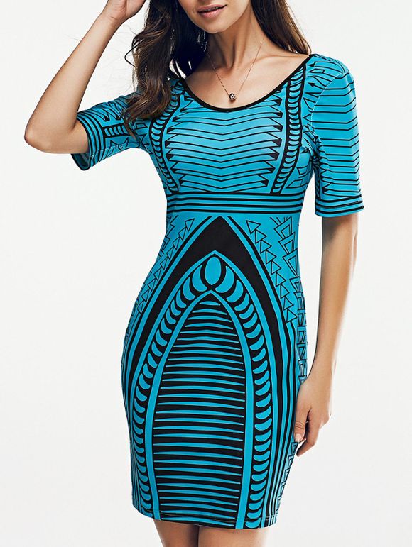 Scoop Neck Imprimer ethnique robe à manches courtes - Pers XL
