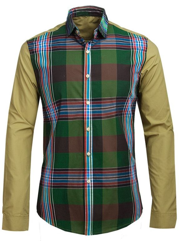 Plaid Print Spliced Turn-down Collar Long Sleeve Men's Shirt - Kaki 2XL