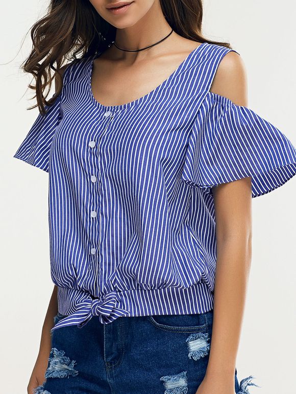 Cold Shoulder Single Breasted Striped Blouse - Azur XL