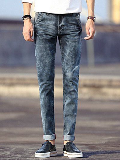 Distressed design Mid-Wash Slim-Fit Jeans pour les hommes - Bleu Toile de Jean 30