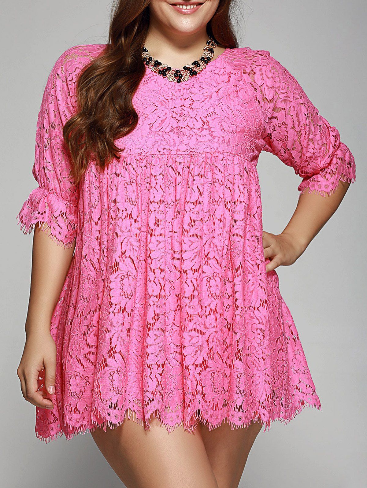 

Oversized A-Line Scalloped Edge Lace Dress, Rose red