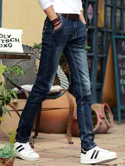 Boutons Chic design foncé-Wash Slim Fit Crayon Jeans pour les hommes - Bleu Toile de Jean 29
