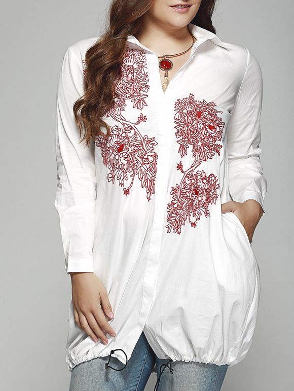 Ladylike Plus Size brodé Drawstring Hem Shirt - Blanc 4XL