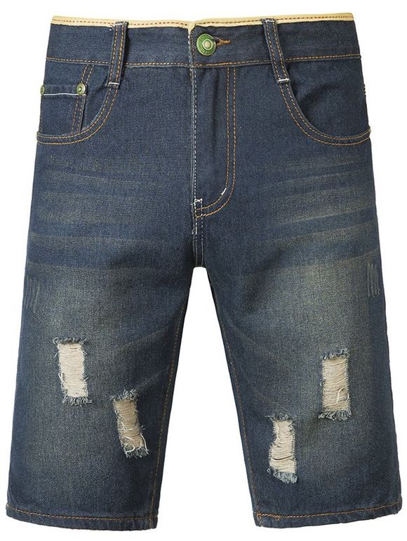 Fashion Dark-Wash Destroyed Jeans Shorts For Men - Bleu profond 38