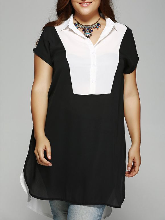 Élégant Plus Size Color Block Dress Shirt - Blanc et Noir 3XL